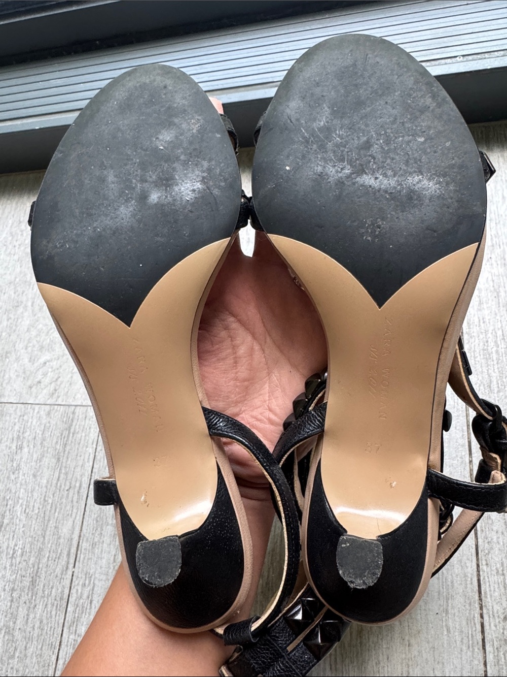 Zara Black Studded T-Strap Ankle Sandals size 37 Heels - Picture 9 of 10